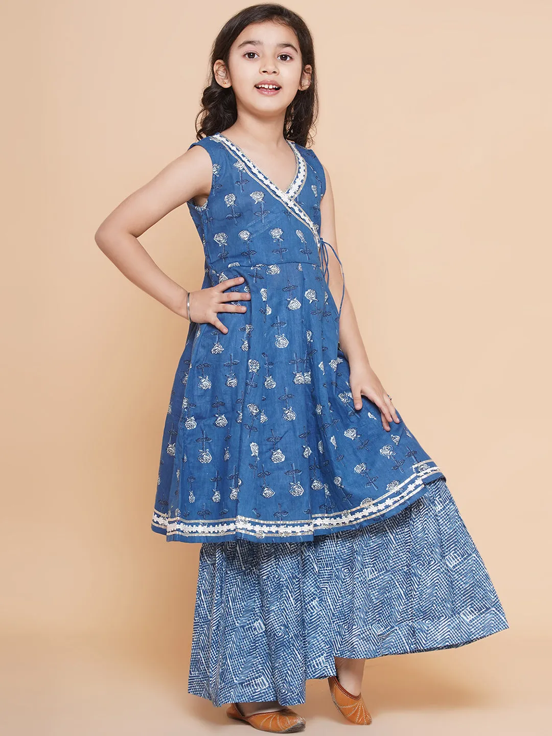 Girl's Blue Printed Kurta With Sharara - Bitiya By Bhama