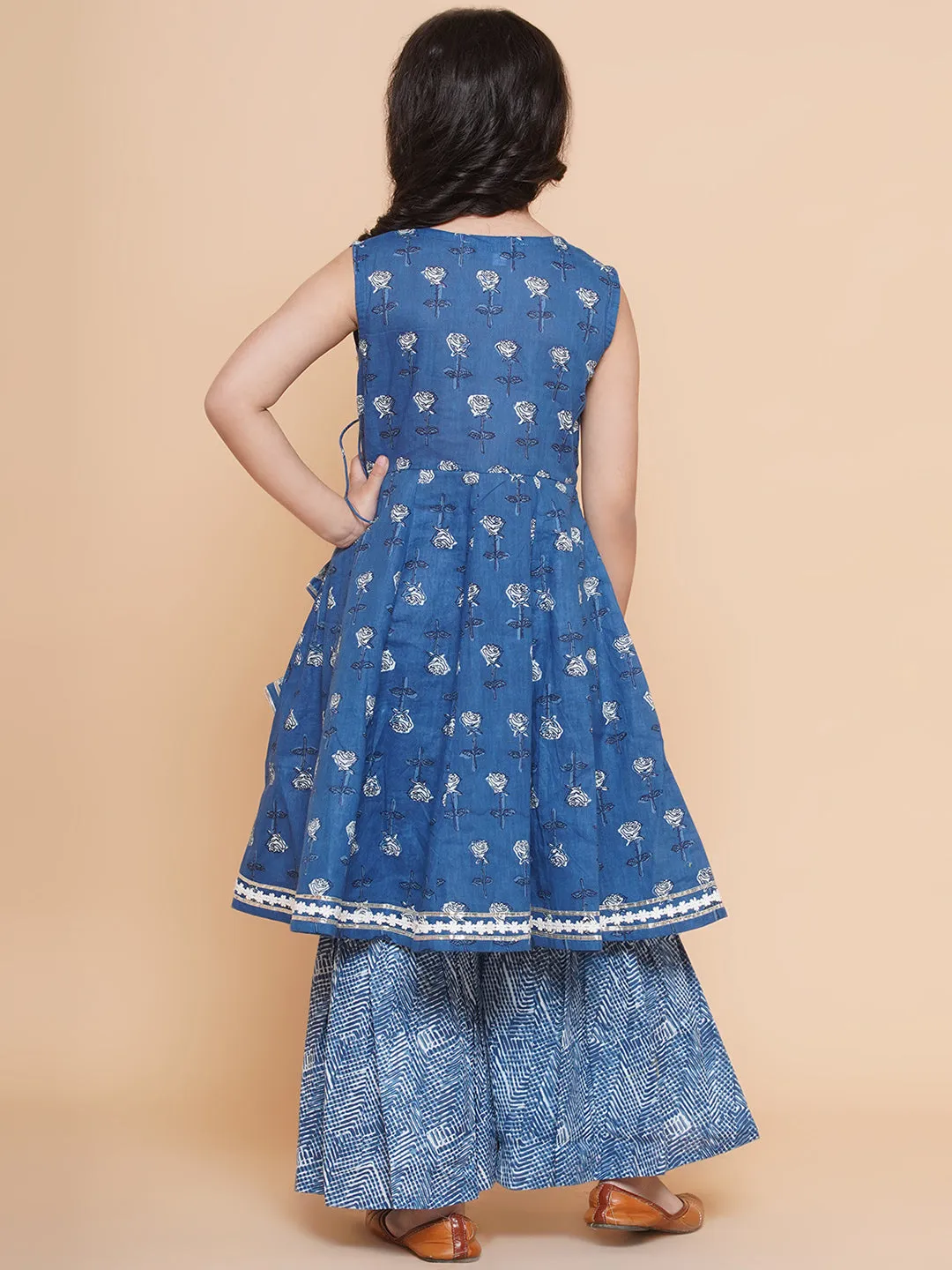 Girl's Blue Printed Kurta With Sharara - Bitiya By Bhama