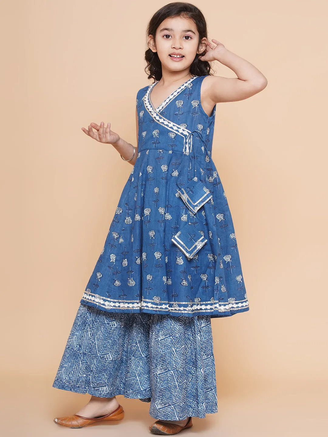 Girl's Blue Printed Kurta With Sharara - Bitiya By Bhama