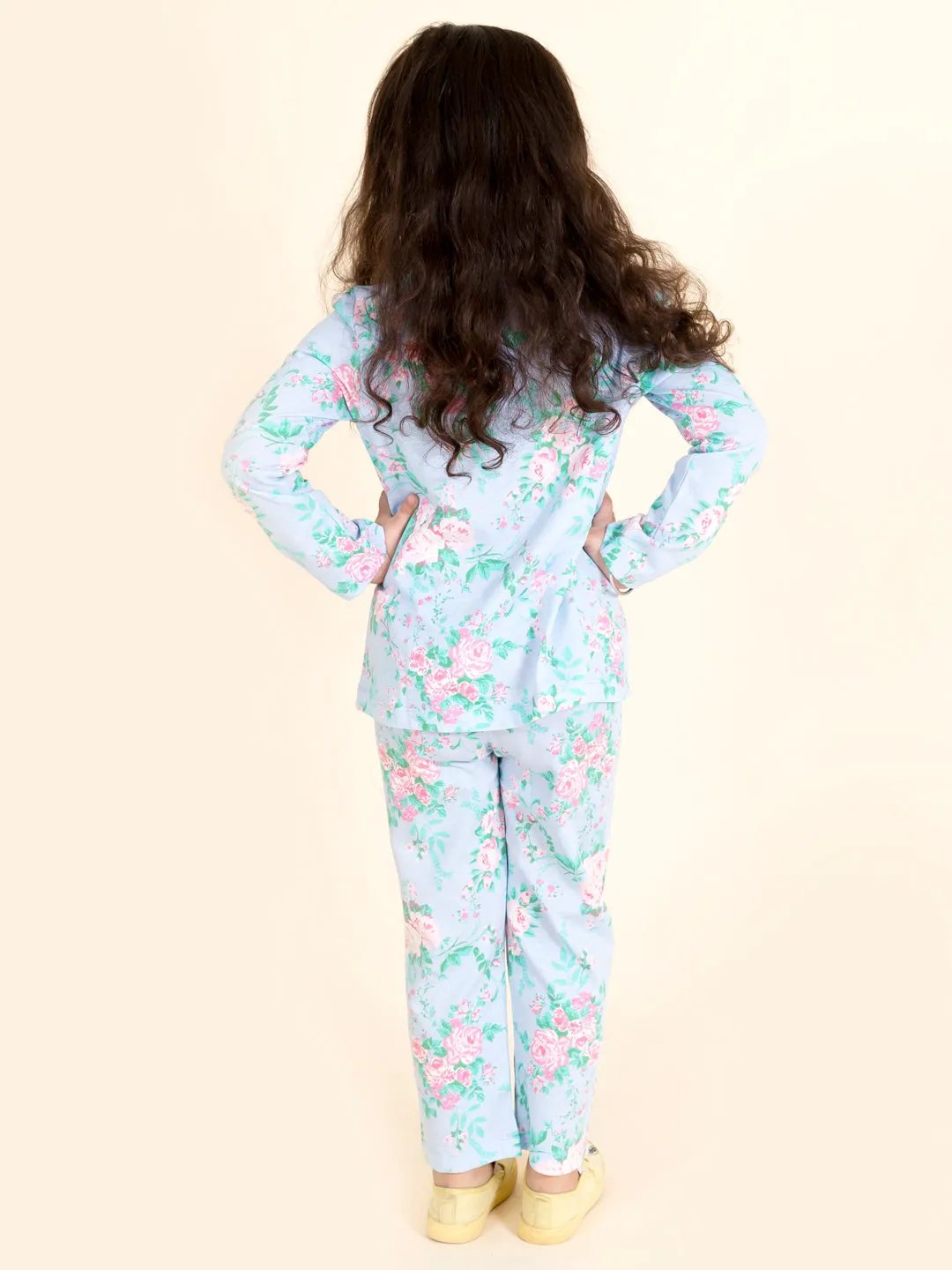 Girls Multicolor Floral Printed Pure Cotton Night Suit - Ps Peaches