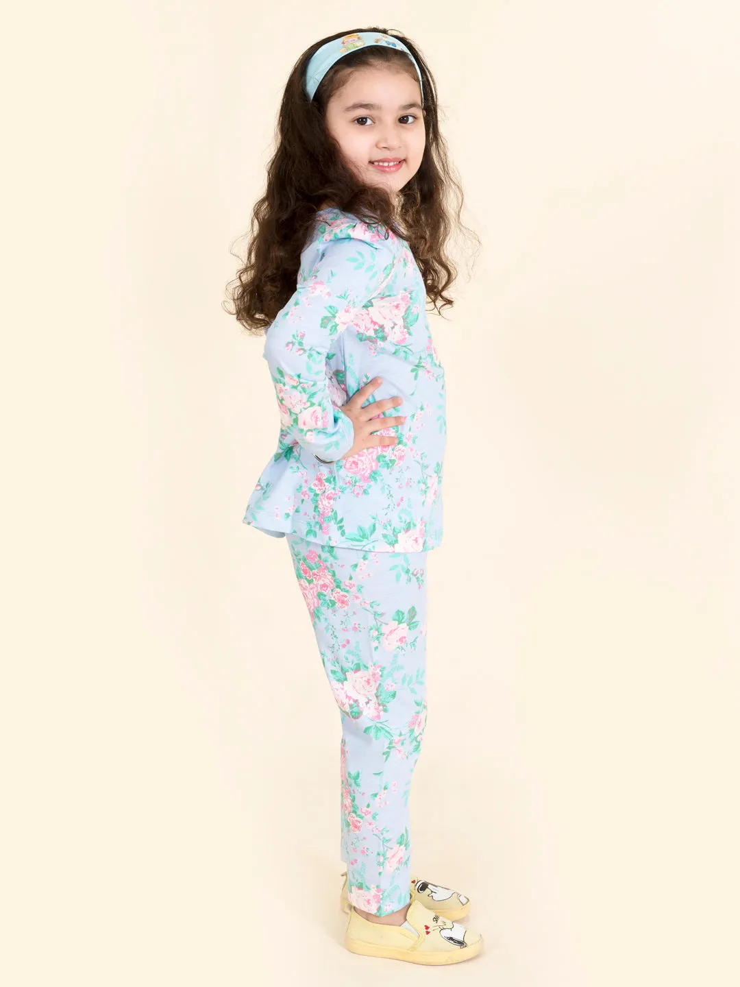 Girls Multicolor Floral Printed Pure Cotton Night Suit - Ps Peaches