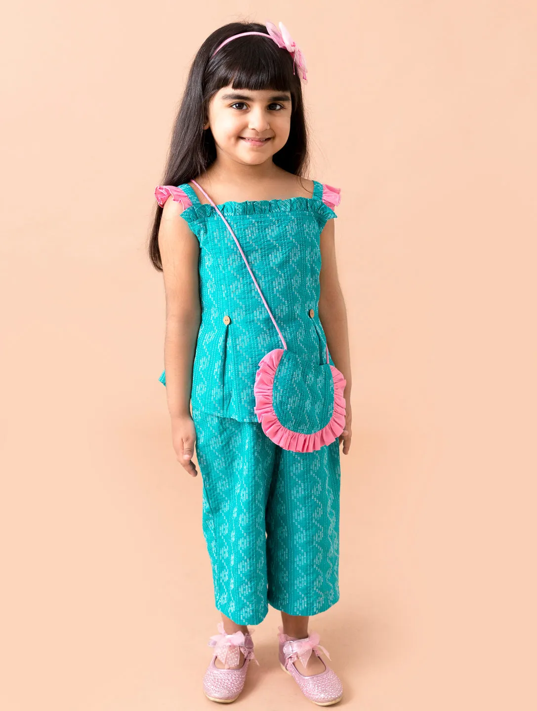 Girls Turquoise Blue Pure Cotton Top With Trousers - Ps Peaches