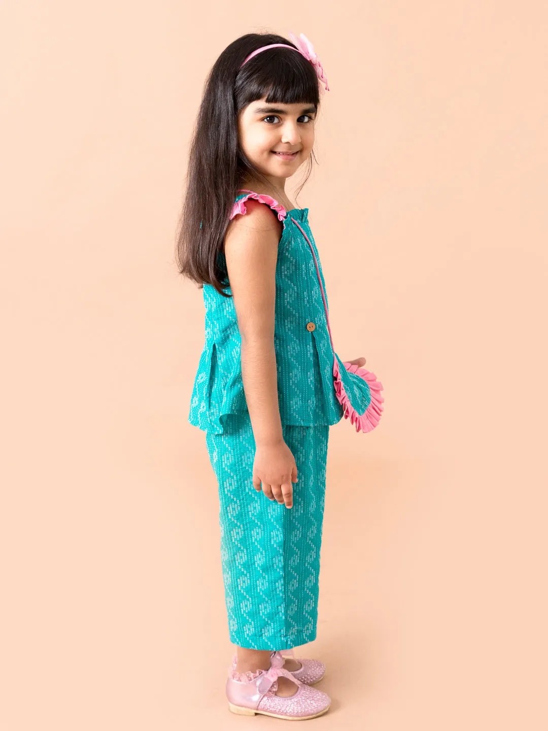 Girls Turquoise Blue Pure Cotton Top With Trousers - Ps Peaches