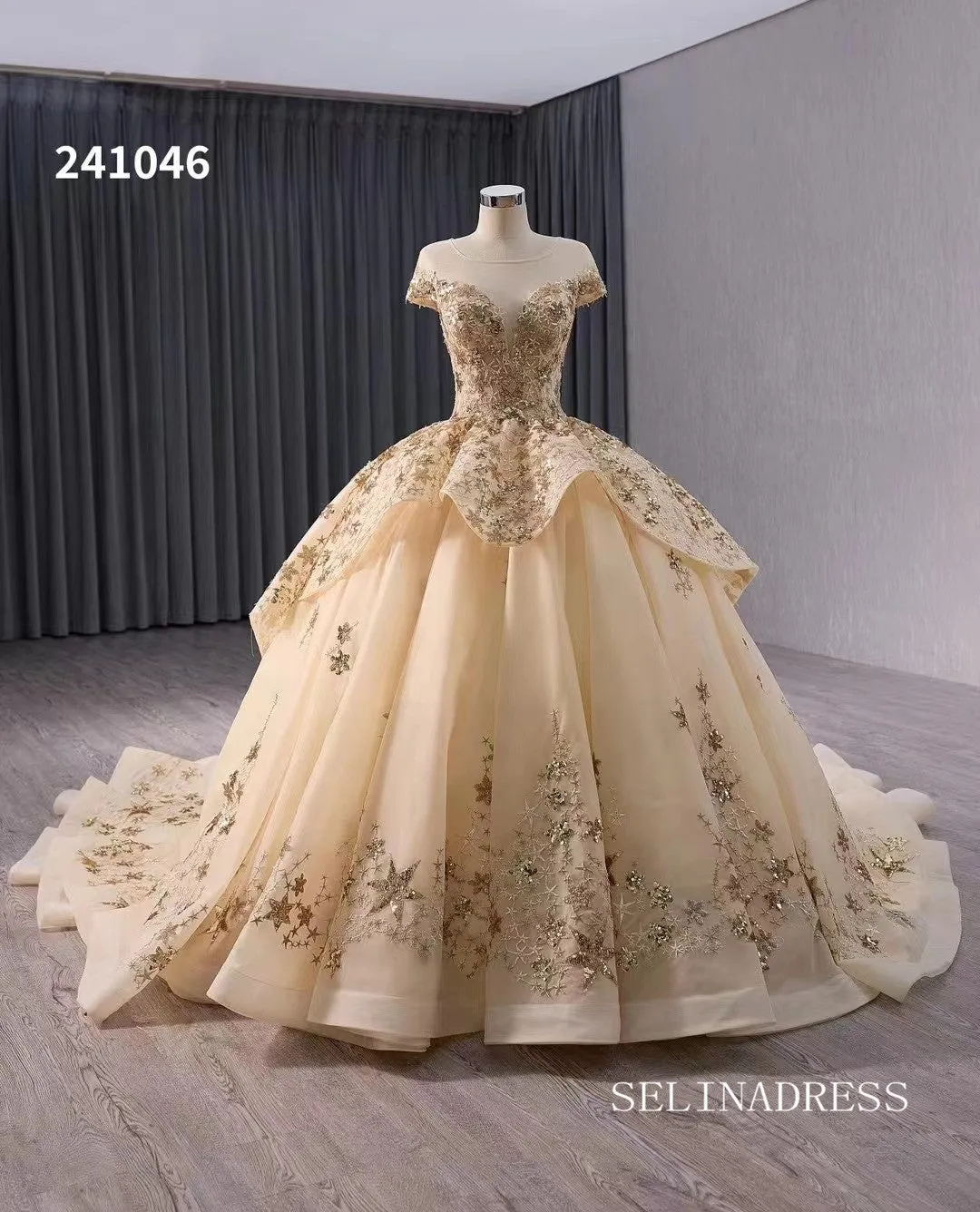 Gold Appliqued Lace Wedding Dress Bateau Neck Quinceanera Dress 241046