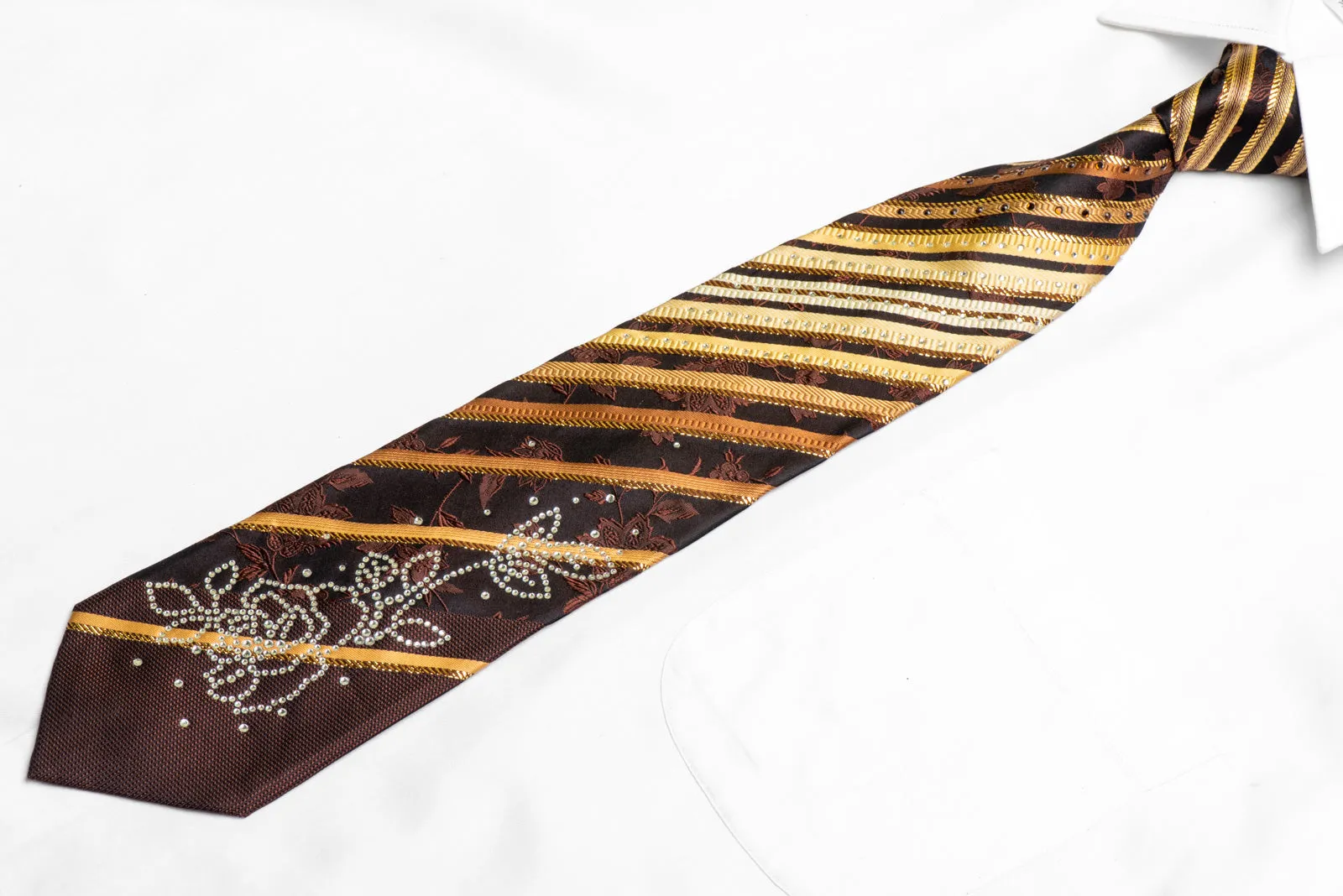 Gold Brown Striped On Dark Brown Rhinestone Tie With Gold Sparkles