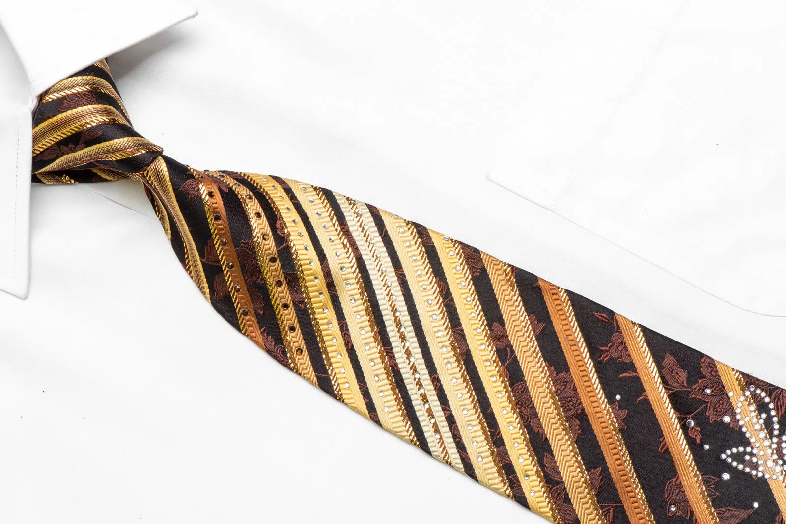 Gold Brown Striped On Dark Brown Rhinestone Tie With Gold Sparkles