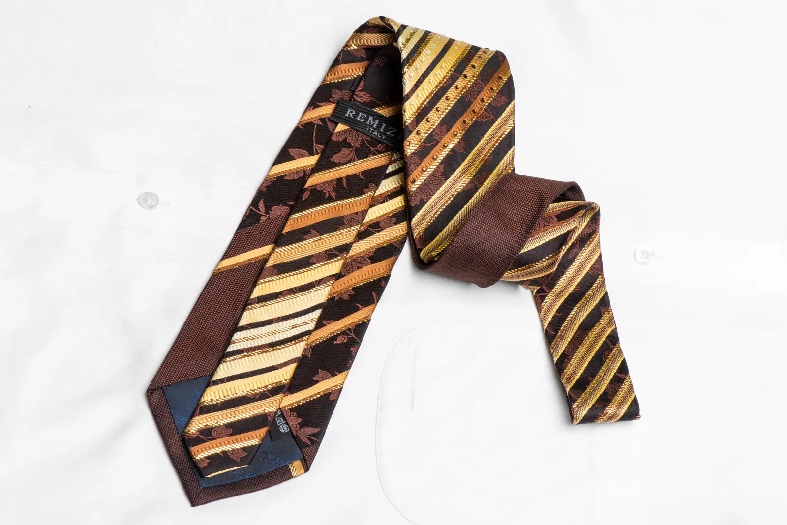 Gold Brown Striped On Dark Brown Rhinestone Tie With Gold Sparkles