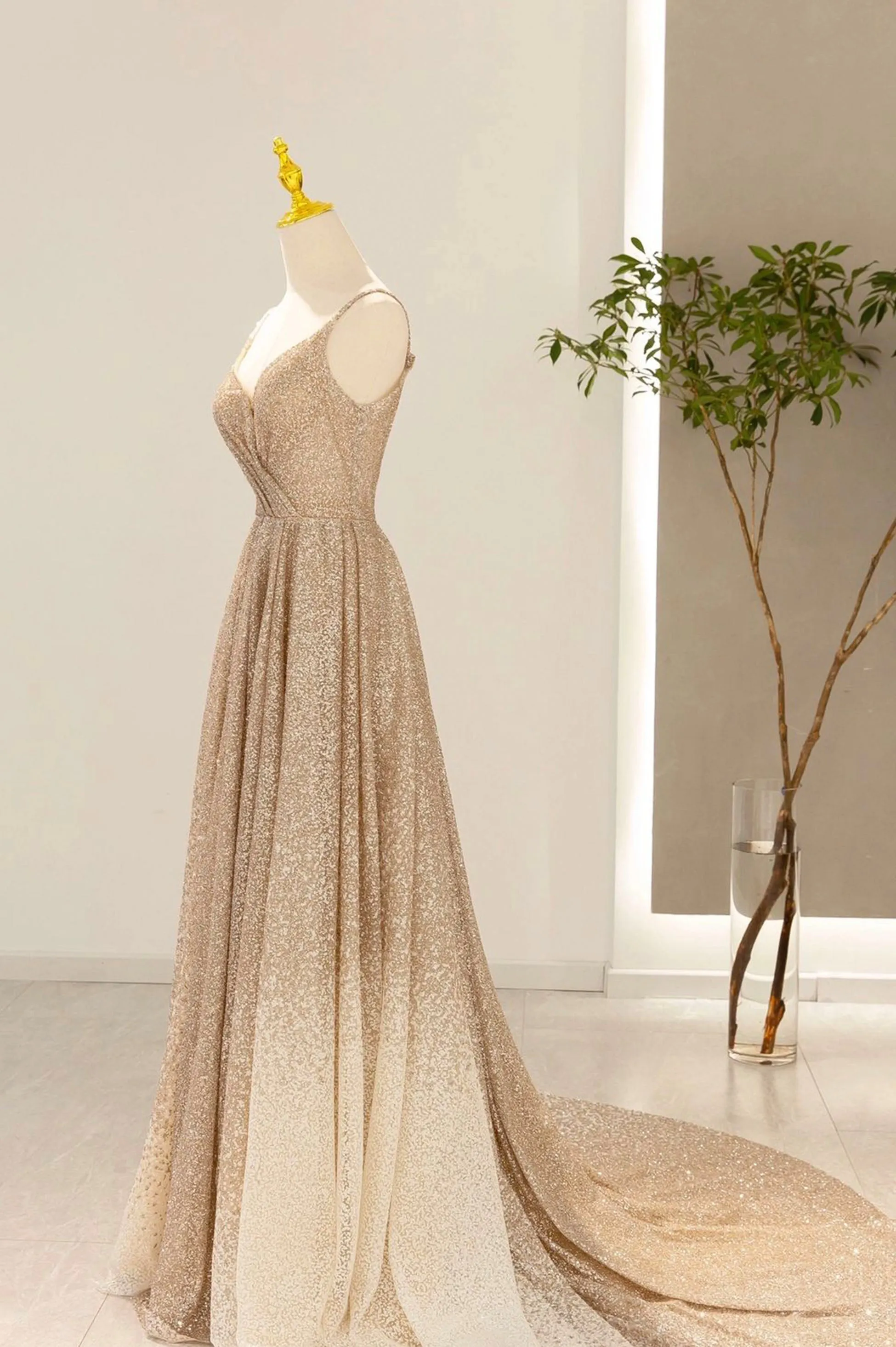 Gold V-Neck Sequins Long Prom Dress A-Line Evening Party Dress