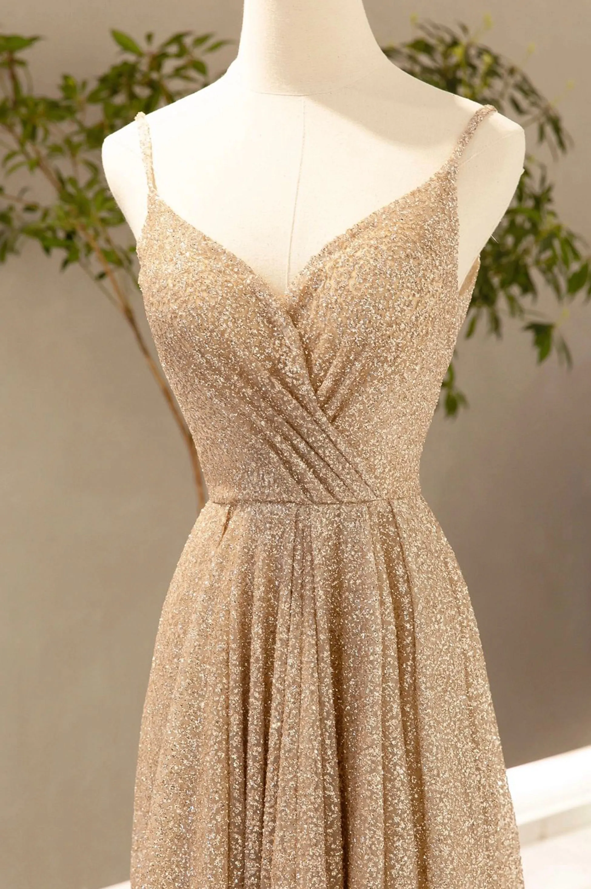 Gold V-Neck Sequins Long Prom Dress A-Line Evening Party Dress