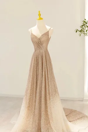 Gold V-Neck Sequins Long Prom Dress A-Line Evening Party Dress