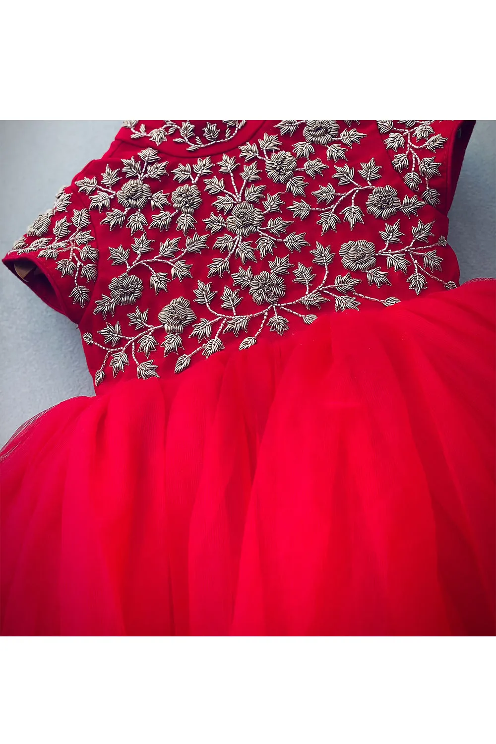 Golden embroidered yoke red gown