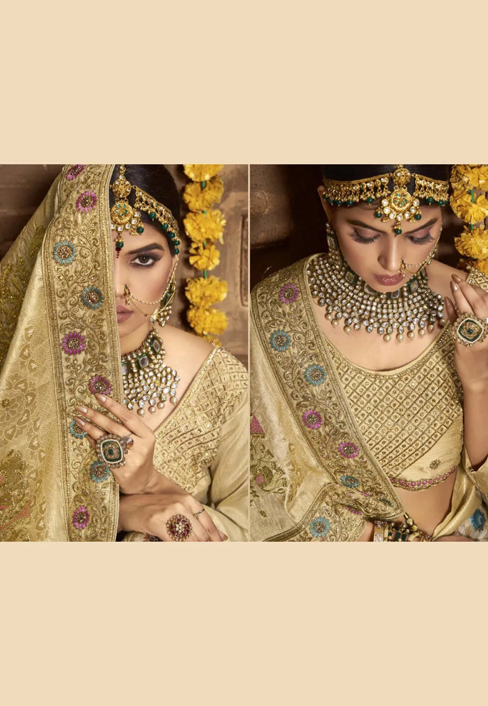 Golden Multicoloured Embroidered Wedding Saree