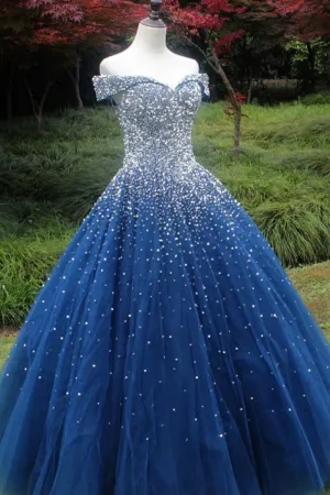 Gorgeous Off Shoulder Sequins Blue Long Prom Dress, Shiny Formal Evening Dress,Quinceanera Dresses