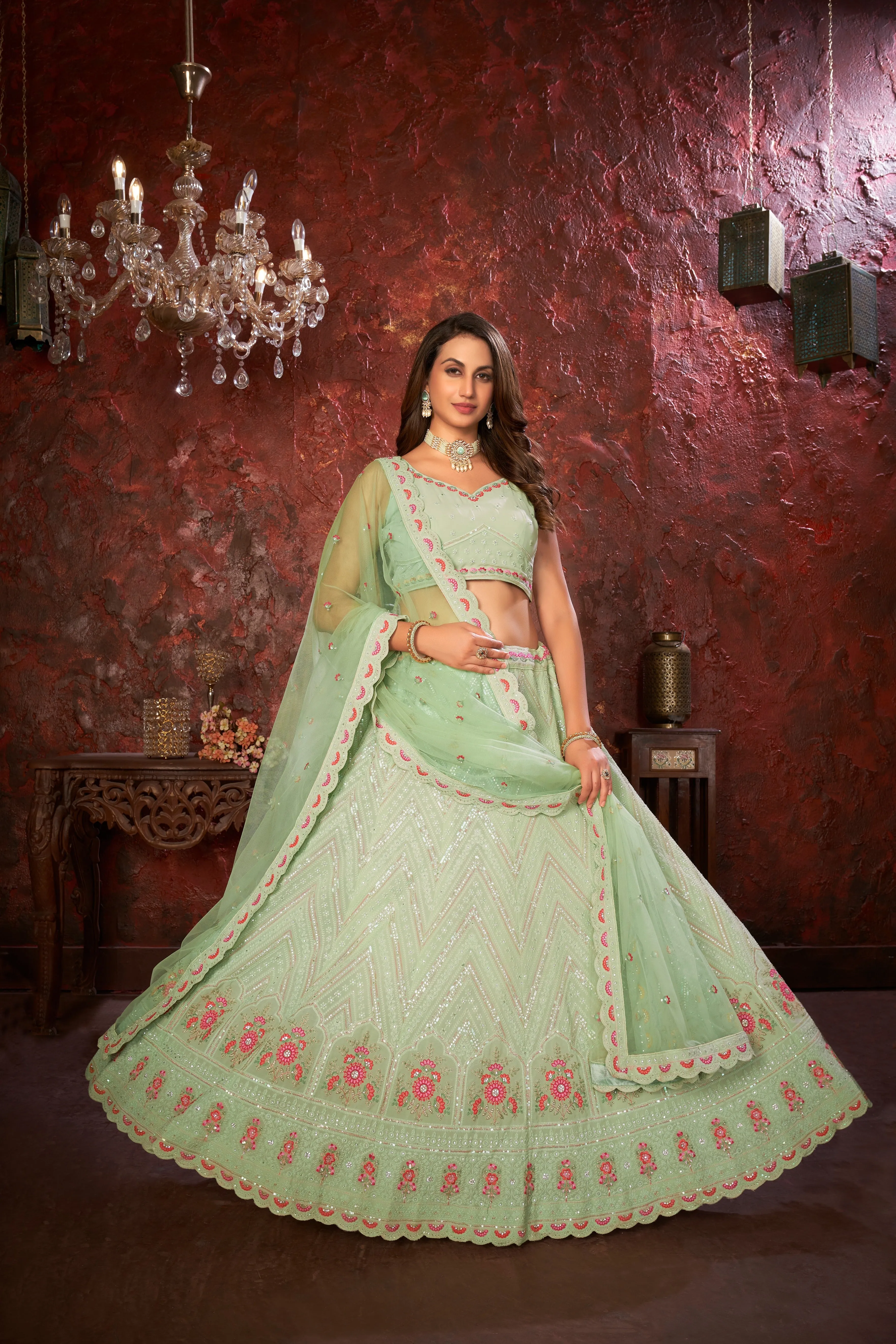 Green Embroidered Fox Georgette Lehenga Choli Set