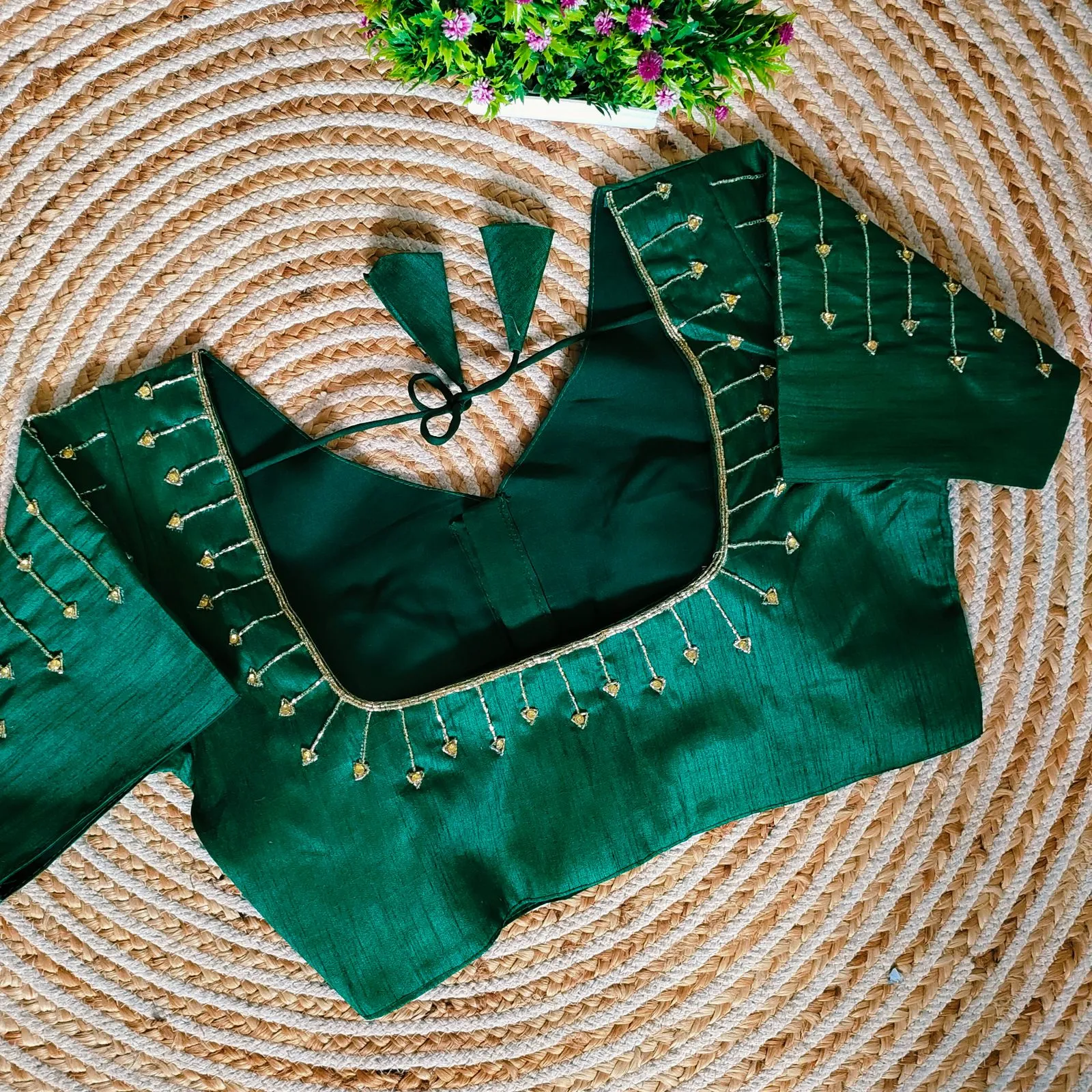 Green Handcrafted Golden Resham Silk Blouse with Stunning Sleeve and Back Detailing