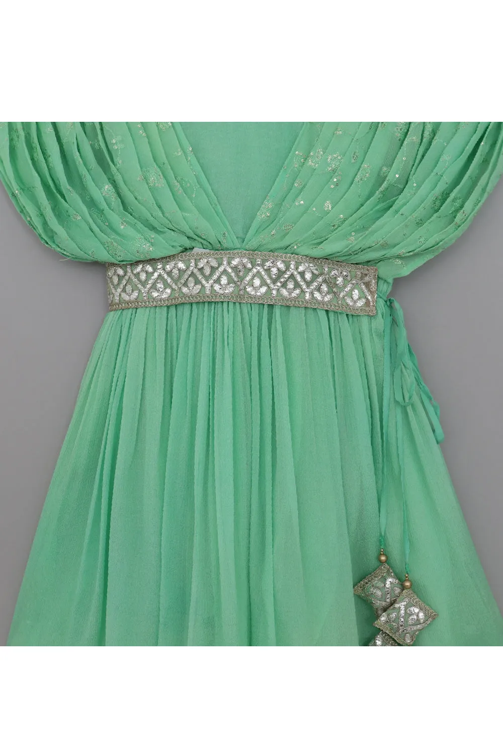 Green Sequins Work Gown With Embroidered Belt