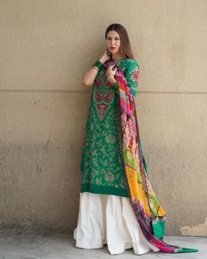 Green Sharara Palazzo Set in Jam Cotton with Embroidery Work