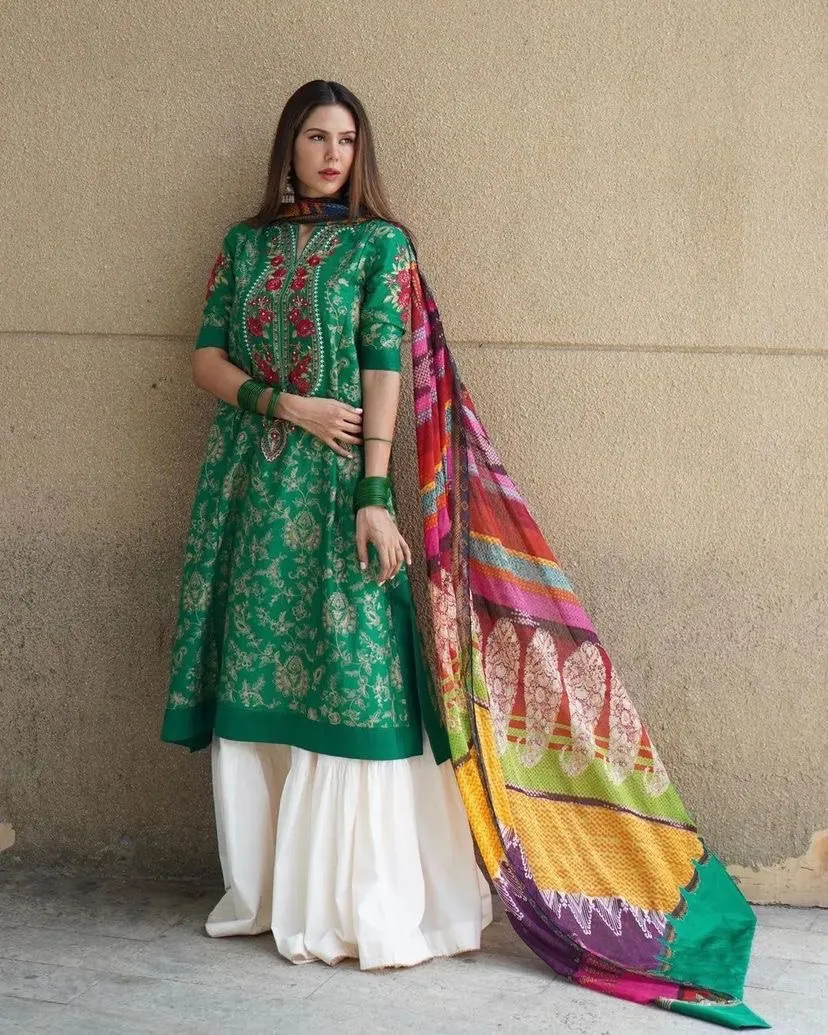 Green Sharara Palazzo Set in Jam Cotton with Embroidery Work