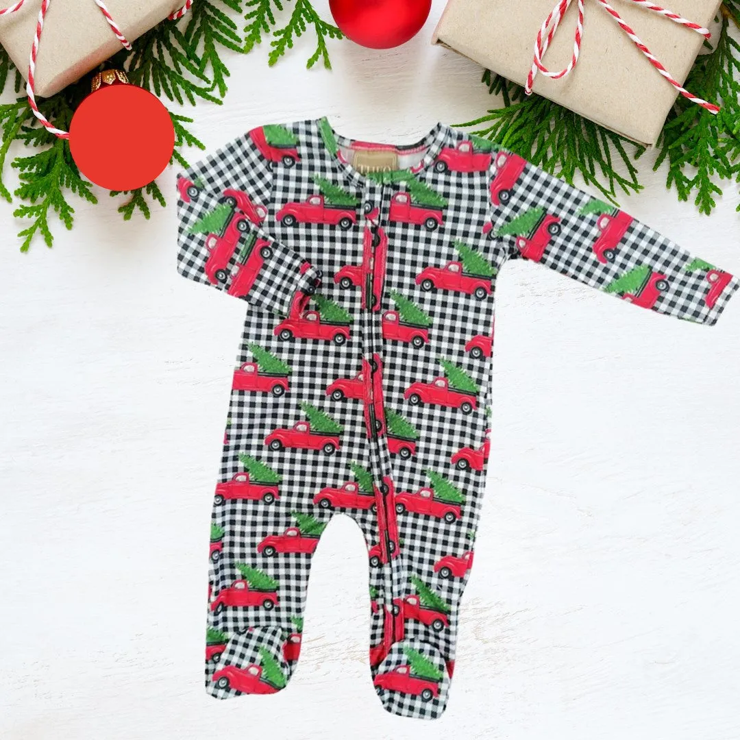 Holiday Baby Zippies Sleepers - Black Checkered With Red Trucks