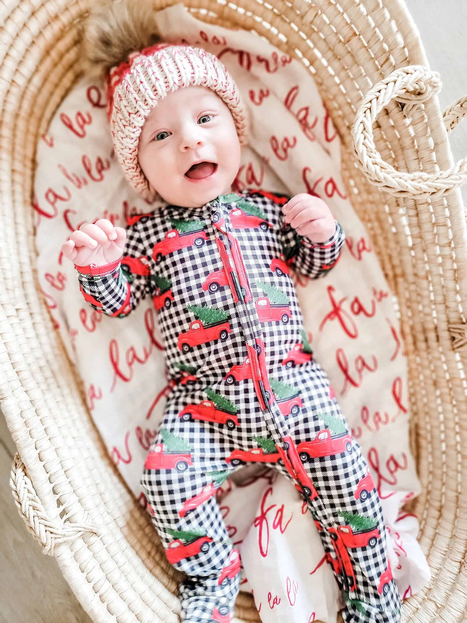 Holiday Baby Zippies Sleepers - Black Checkered With Red Trucks