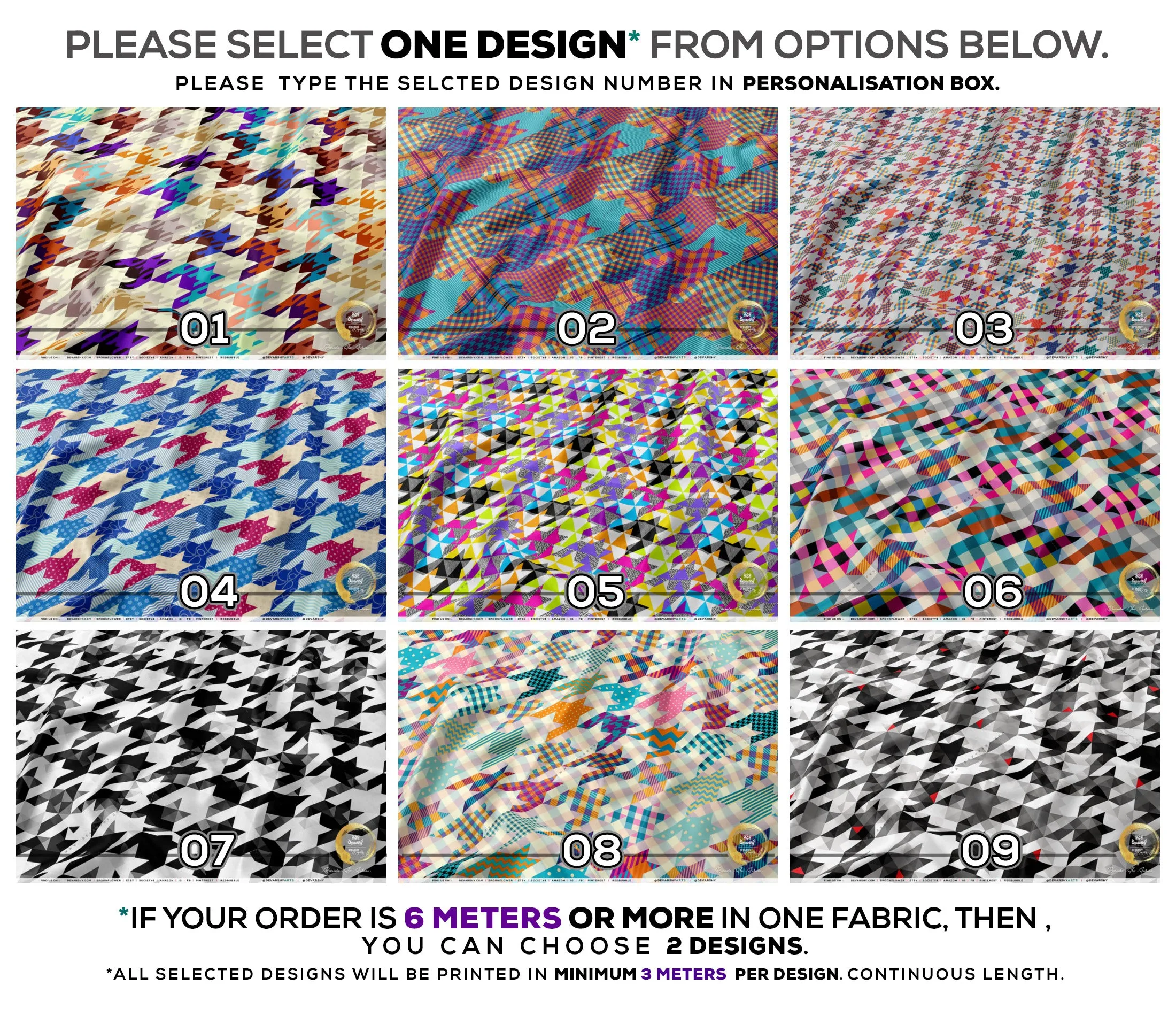 HOUNDSTOOTH Apparel Fabric 3Meters , 9 Designs | 8 Fabrics Option | Checks Fabric By the Yard | 032