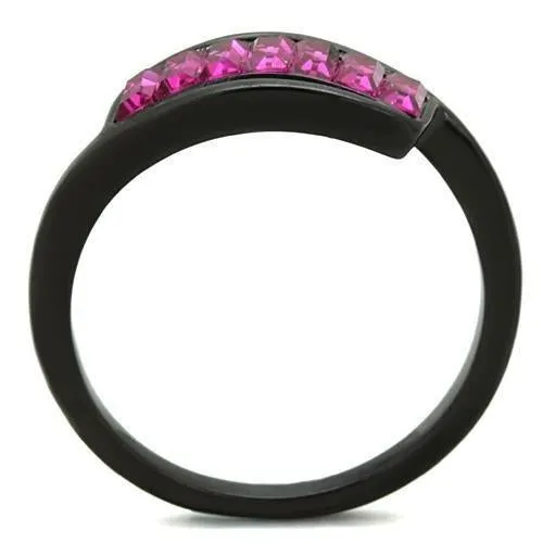 IP Black(Ion Plating) Stainless Steel Ring with Top Grade Crystal in Fuchsia for Women Style TK1664