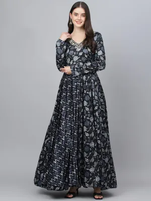 Jashvi Black Floral Printed Gaji Silk Flared Gown