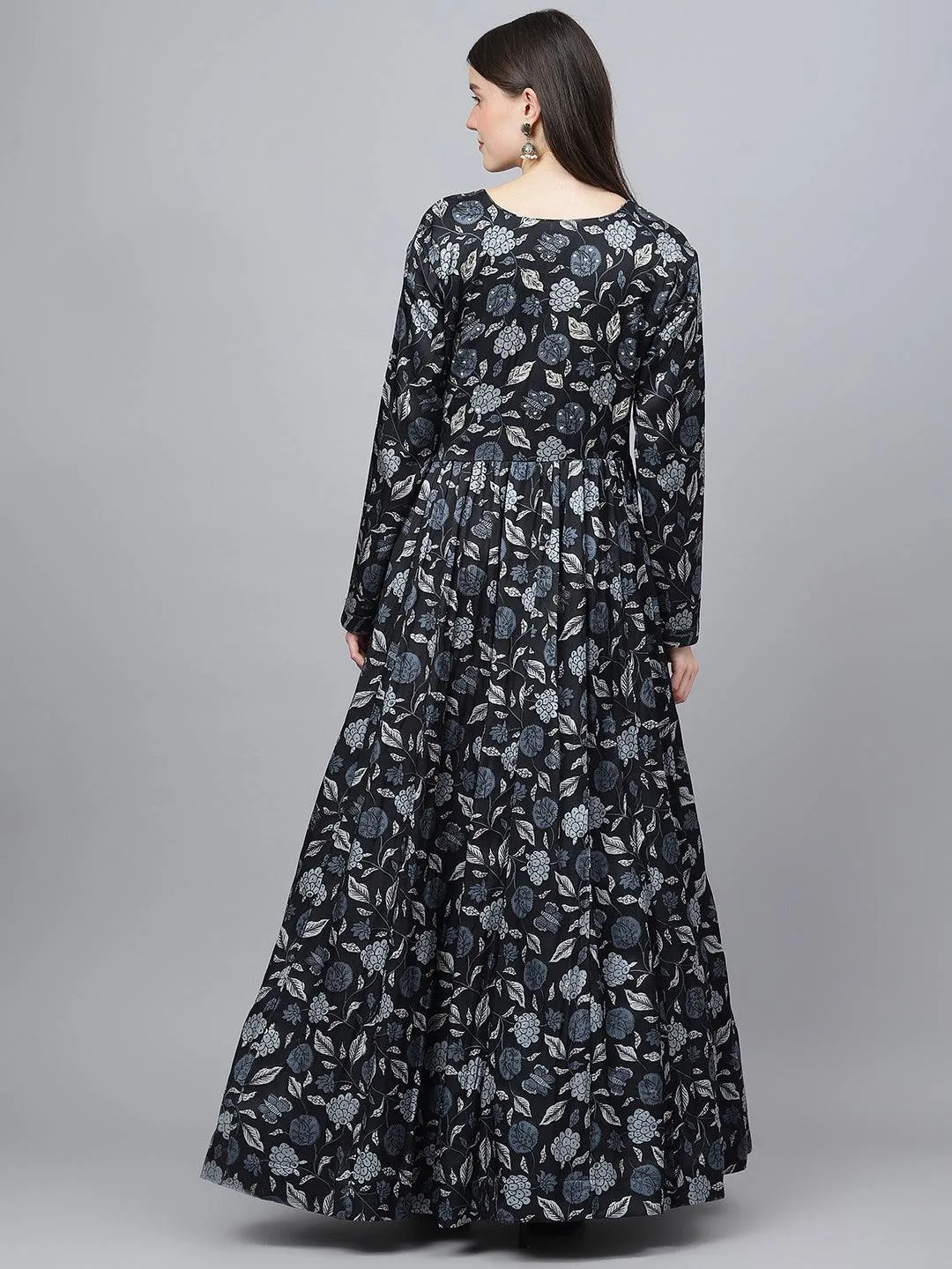 Jashvi Black Floral Printed Gaji Silk Flared Gown