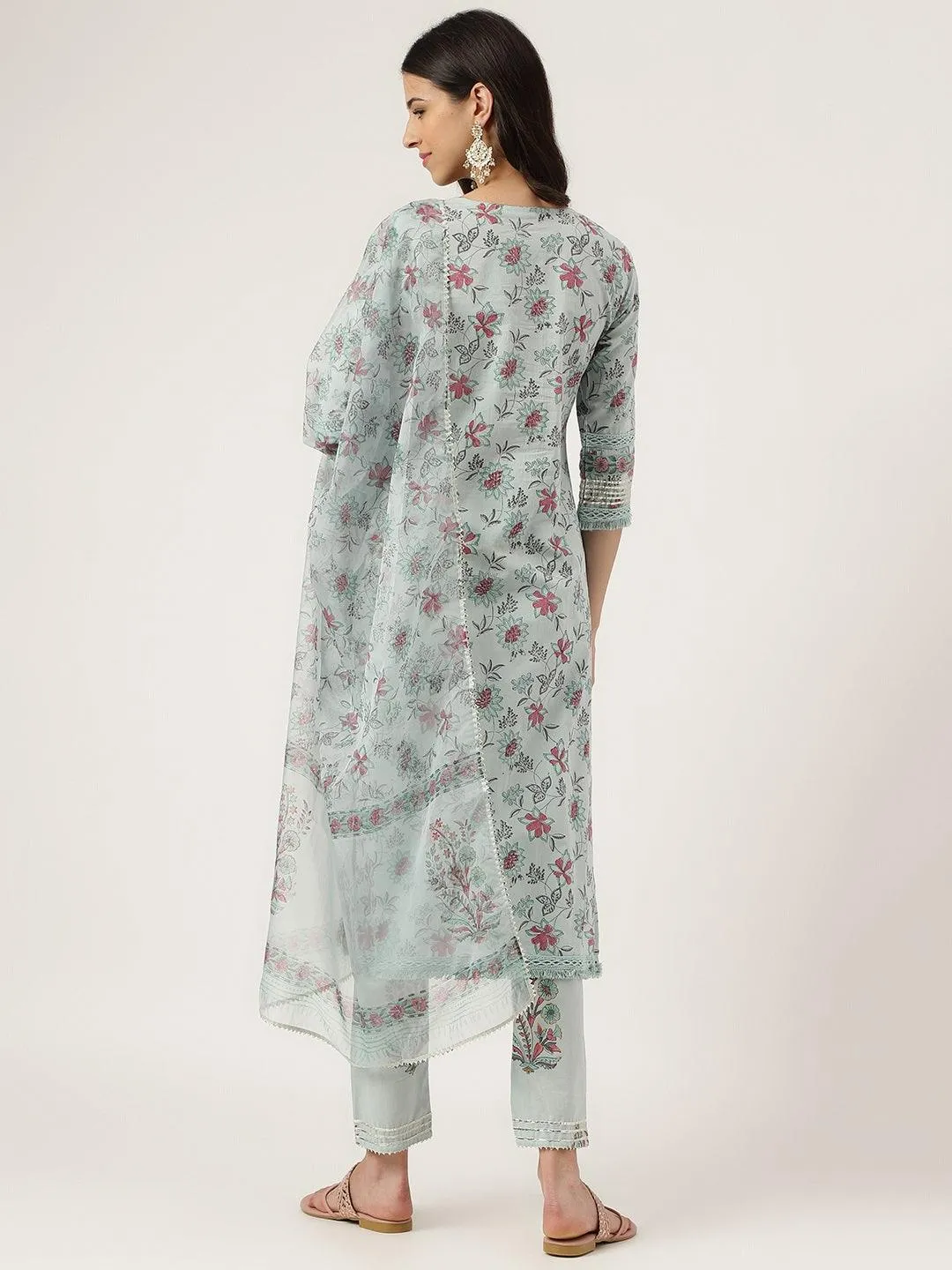 Jashvi Skyblue Hand Block Cotton Straight pant set with Organza Dupatta