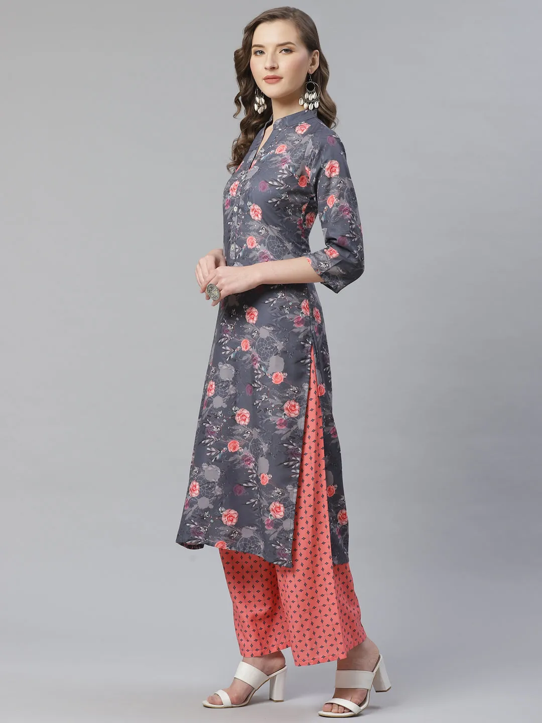 Jashvi Women Charcoal Grey & Pink Floral Printed Kurta with Palazzos