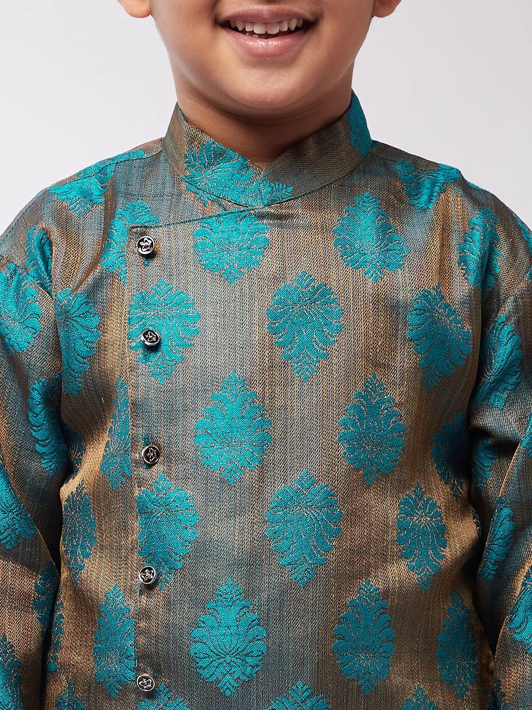 Kid's Jacquard Silk Teal Blue Self Design Kurta & Off-White Churidar Pyjama Set - Sojanya KID