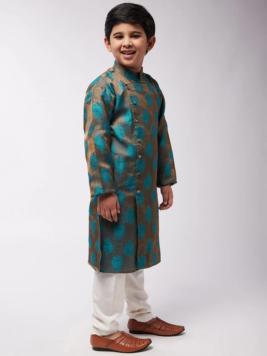 Kid's Jacquard Silk Teal Blue Self Design Kurta & Off-White Churidar Pyjama Set - Sojanya KID