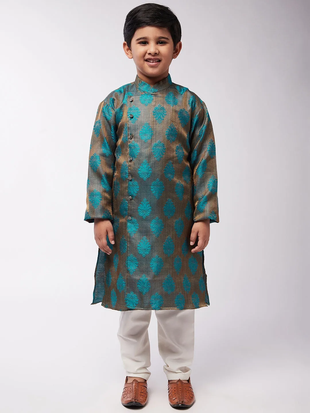 Kid's Jacquard Silk Teal Blue Self Design Kurta & Off-White Churidar Pyjama Set - Sojanya KID