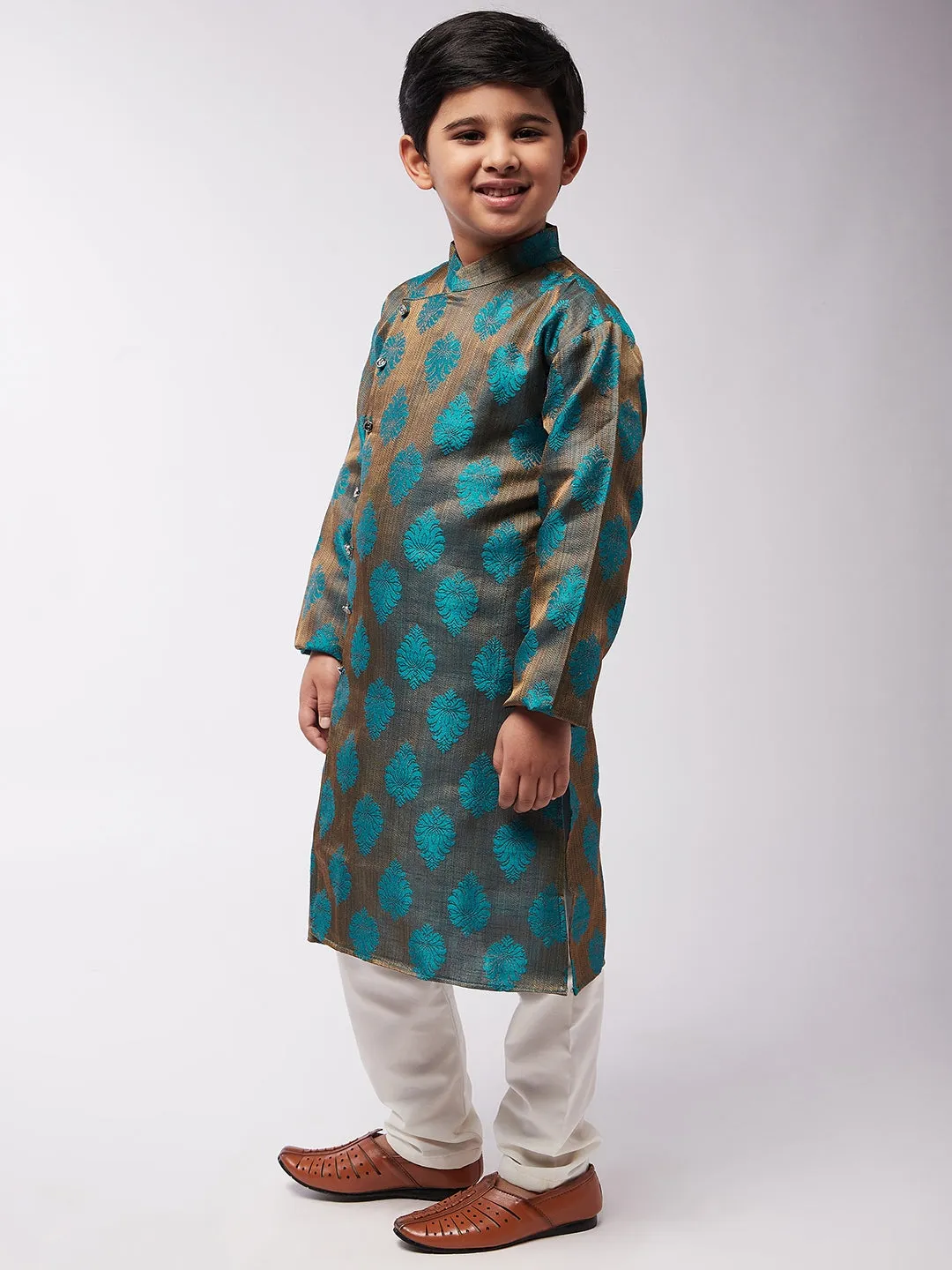 Kid's Jacquard Silk Teal Blue Self Design Kurta & Off-White Churidar Pyjama Set - Sojanya KID