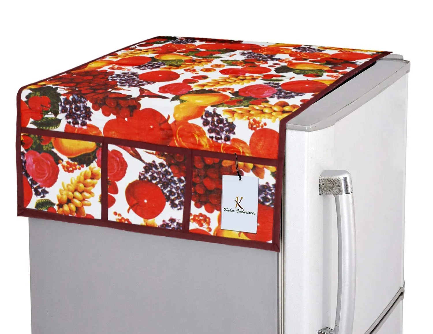 Kuber Industries Fruits Design 3 Pieces PVC Fridge Mats,2 Piece Handle Cover and 1 Piece Fridge Top Cover (Red & White) CTKTC33683