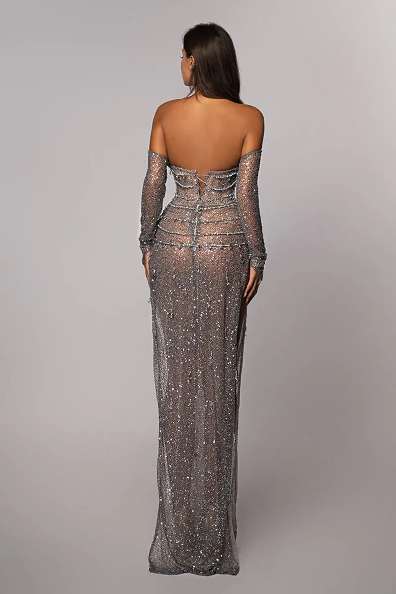 L1125 - Sheath/Column Off-Shoulder Long Sleeves Beaded Evening Party Dress