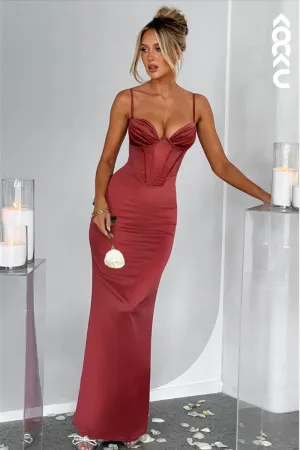 L1878 - Sweetheart Spaghetti Straps Ruched Satin Sheath Long Evening Dress