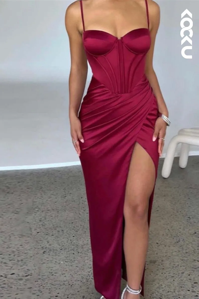 L1880 - Sweetheart Spaghetti Straps Ruched Satin Sheath Long Evening Dress