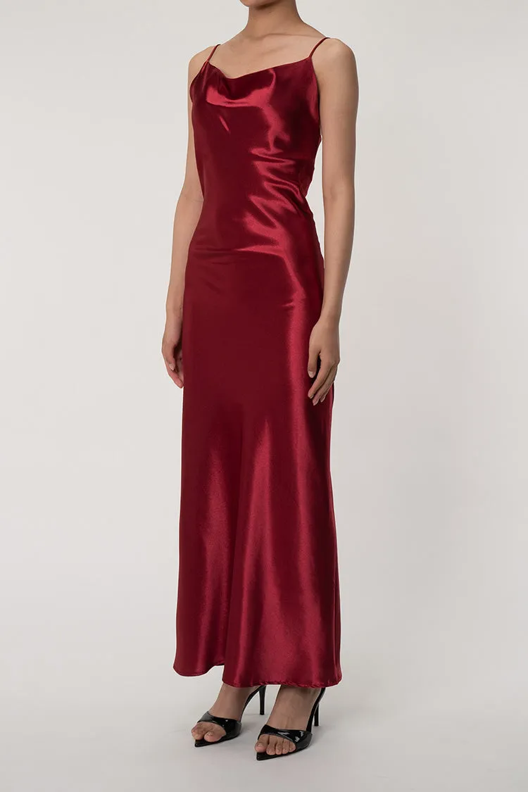 Lavish Cowl Neck Spaghetti Strap Backless Fishtail Satin Evening Maxi Dress