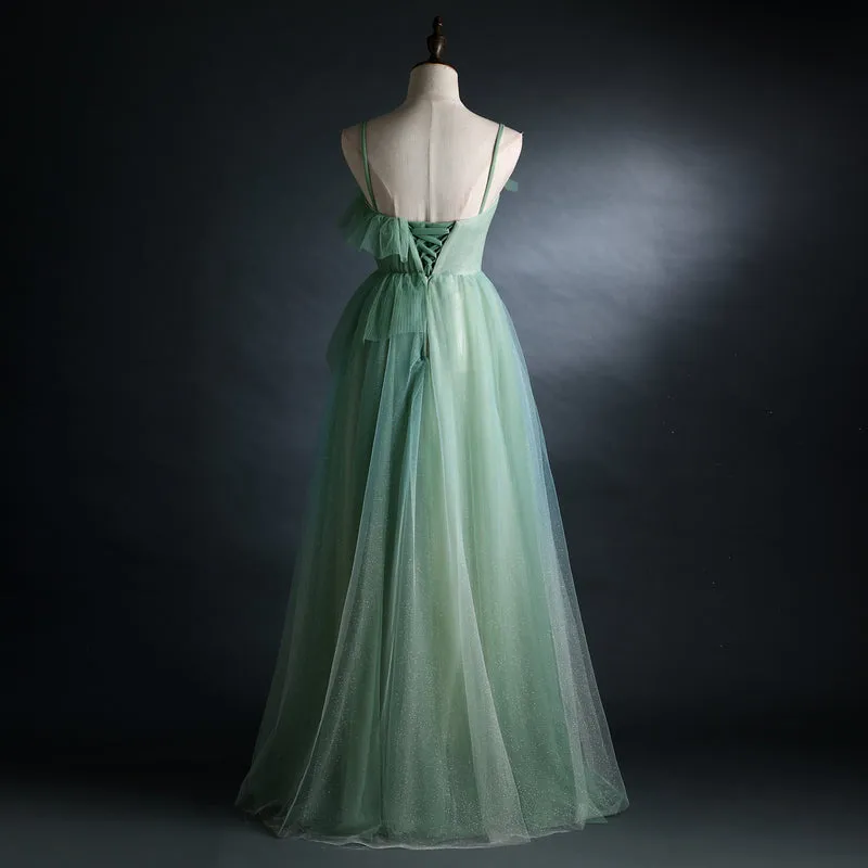 Light Green Gradient Straps Long A-line Prom Dress, Evening Dress Party Dresses