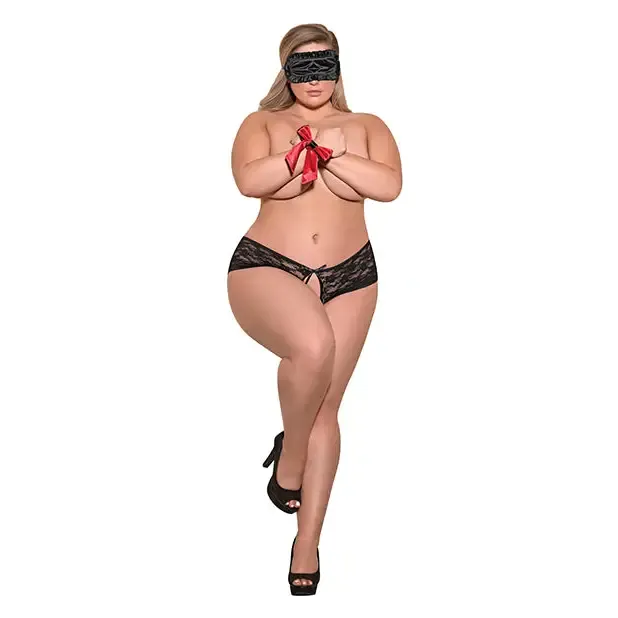 Love & Bondage Split Back Lace Booty Short, Blindfold & Wrist Ties Black Qn