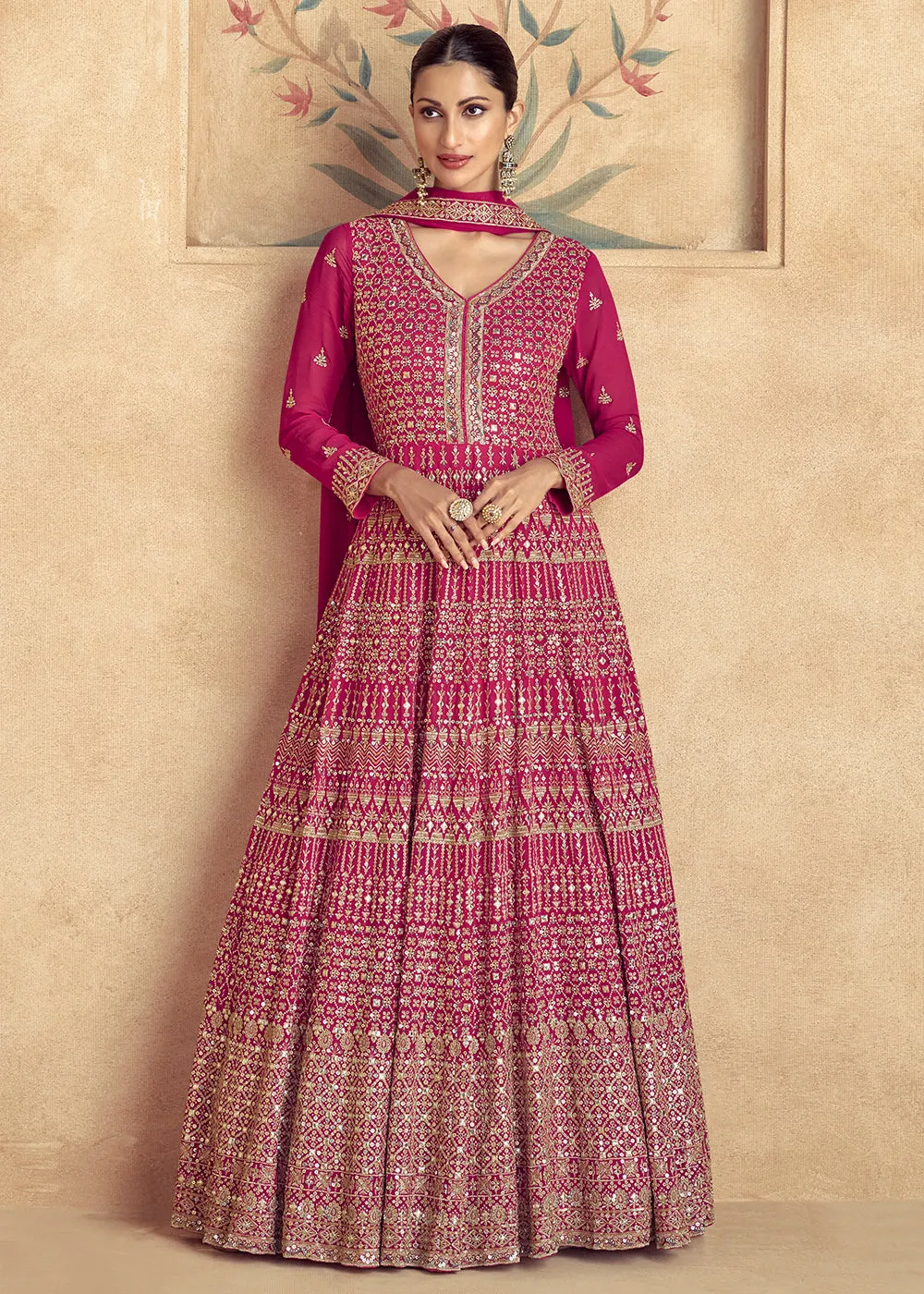 Magenta Pink Traditional Embroidered Festive Anarkali Gown