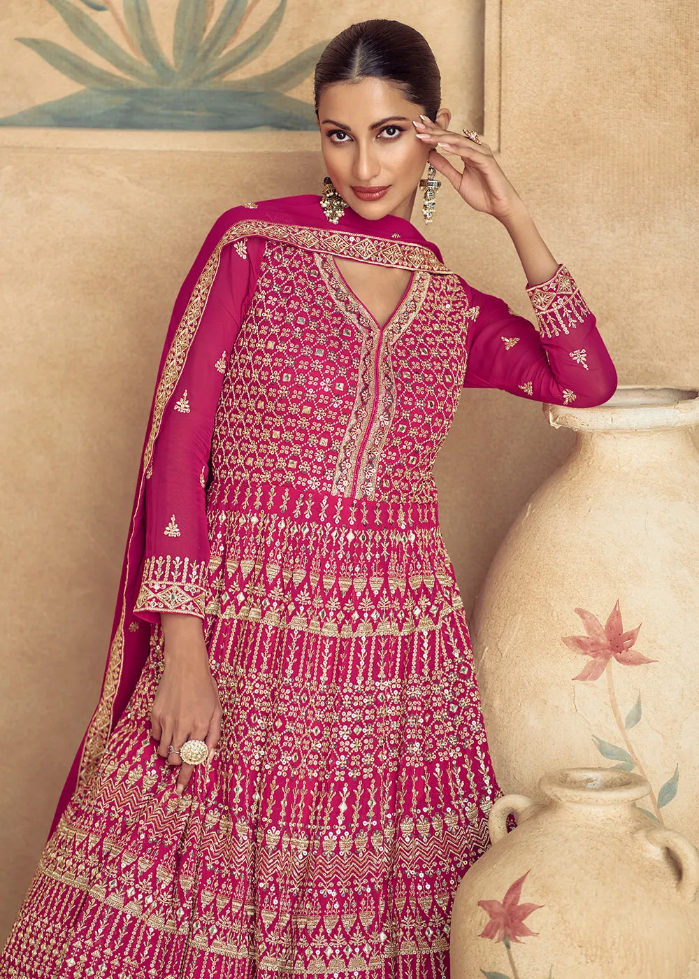 Magenta Pink Traditional Embroidered Festive Anarkali Gown