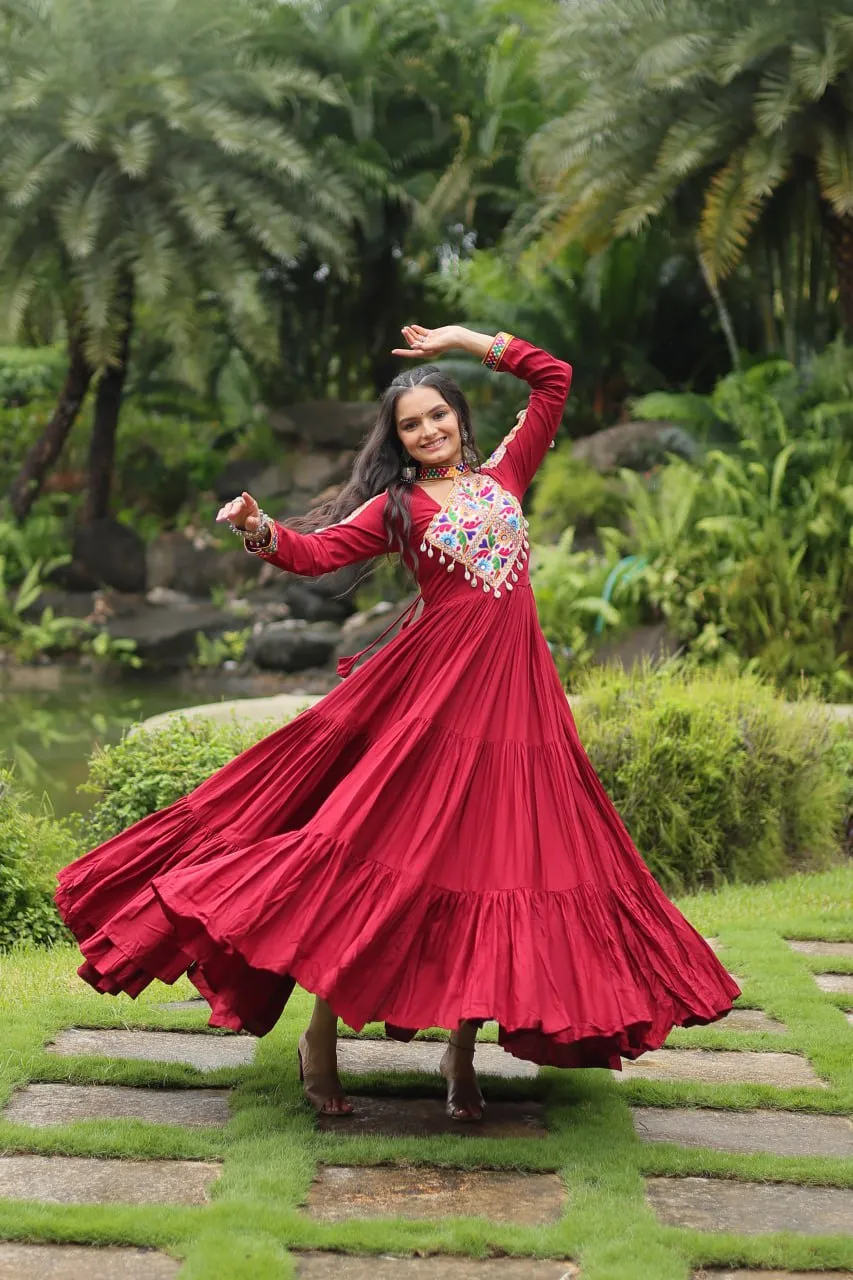 Maroon Partywear Gown with Kutchi Gamthi Work and 3-Layer Frill Stitch