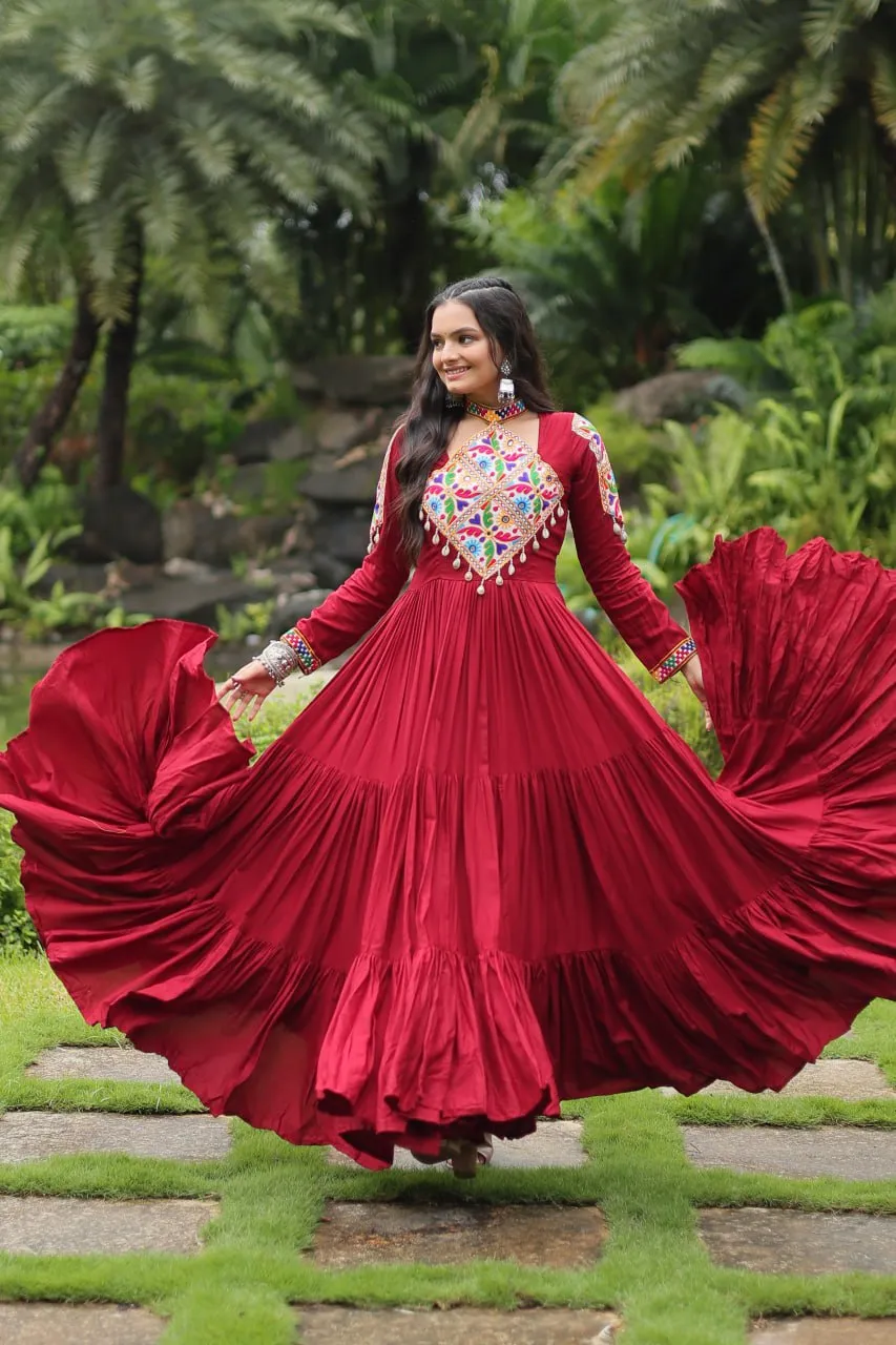 Maroon Partywear Gown with Kutchi Gamthi Work and 3-Layer Frill Stitch