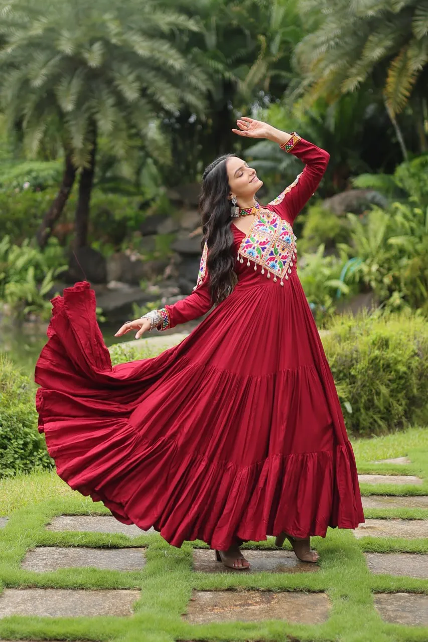 Maroon Partywear Gown with Kutchi Gamthi Work and 3-Layer Frill Stitch