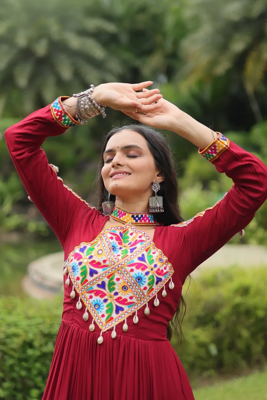 Maroon Partywear Gown with Kutchi Gamthi Work and 3-Layer Frill Stitch