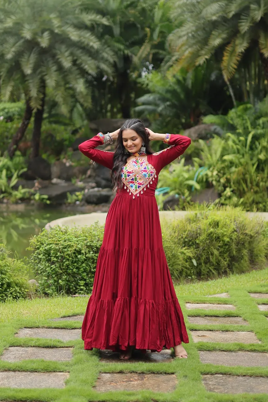 Maroon Partywear Gown with Kutchi Gamthi Work and 3-Layer Frill Stitch