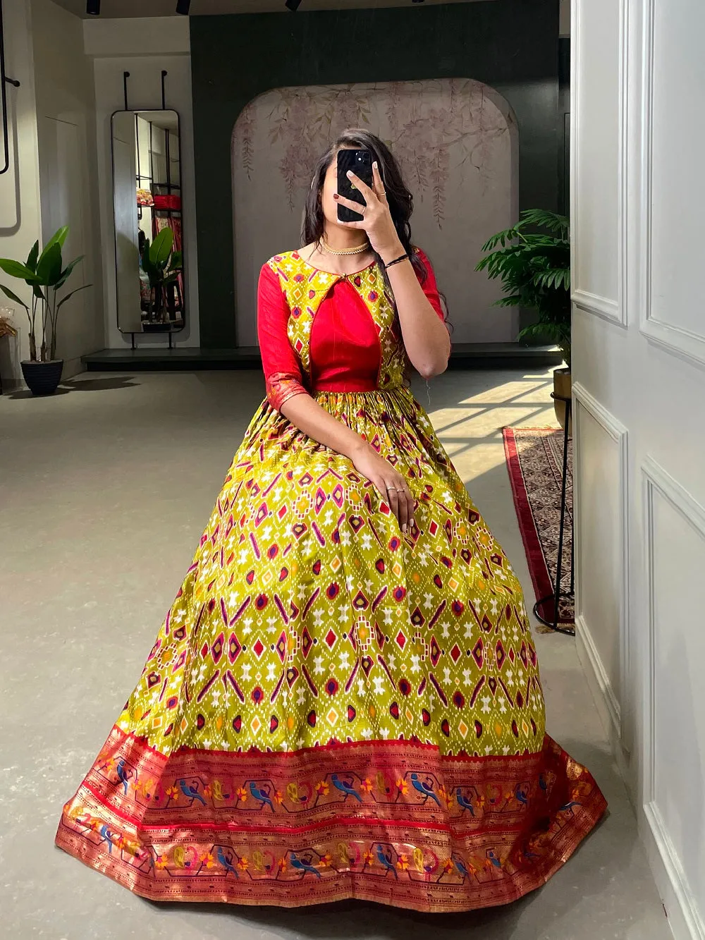 Mehendi Color Patola Paithani Printed And Foil Printed Silk Gown