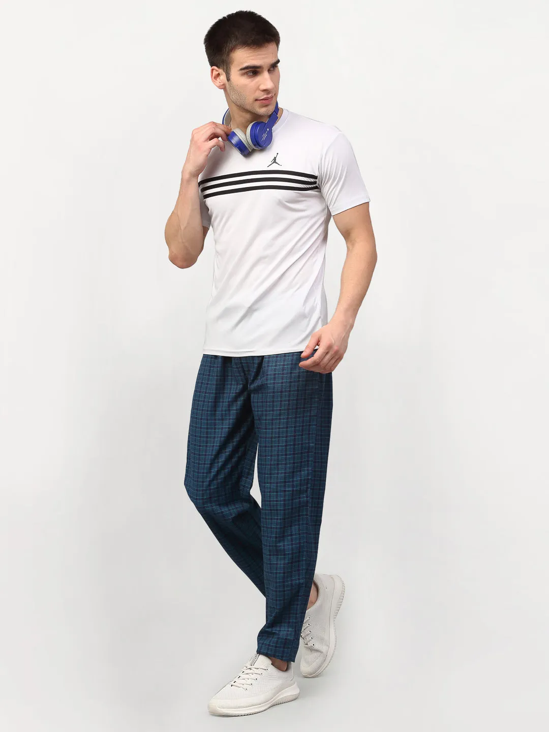 Men's Blue Cotton Checked Track Pants ( JOG 017Blue ) - Jainish